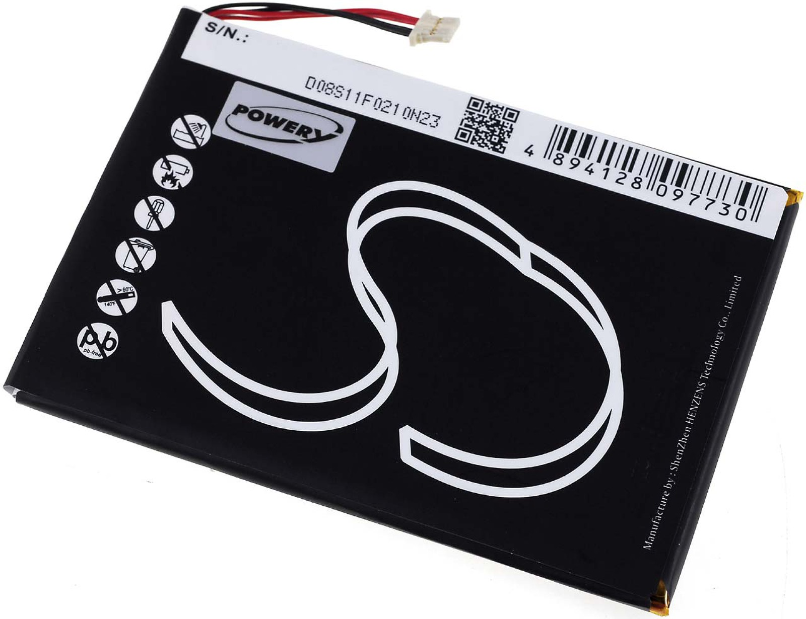 Batería negra con líneas blancas, número de serie y código QR.