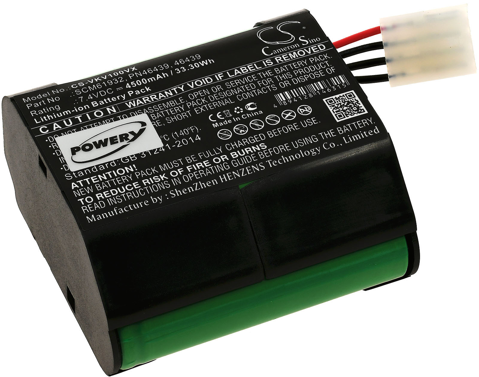 Schwarze Batterie mit grünem Zylinder, weißem Etikett und Anschluss.