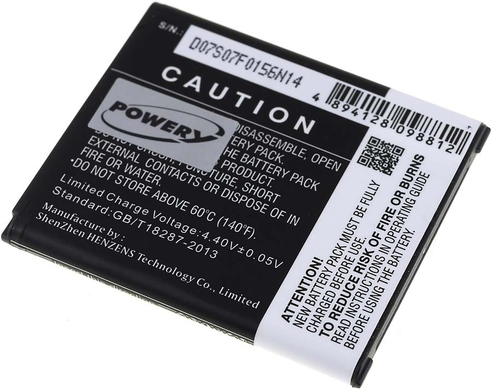 Batería negra con etiqueta blanca y texto de precaución. Contiene advertencias y especificaciones.