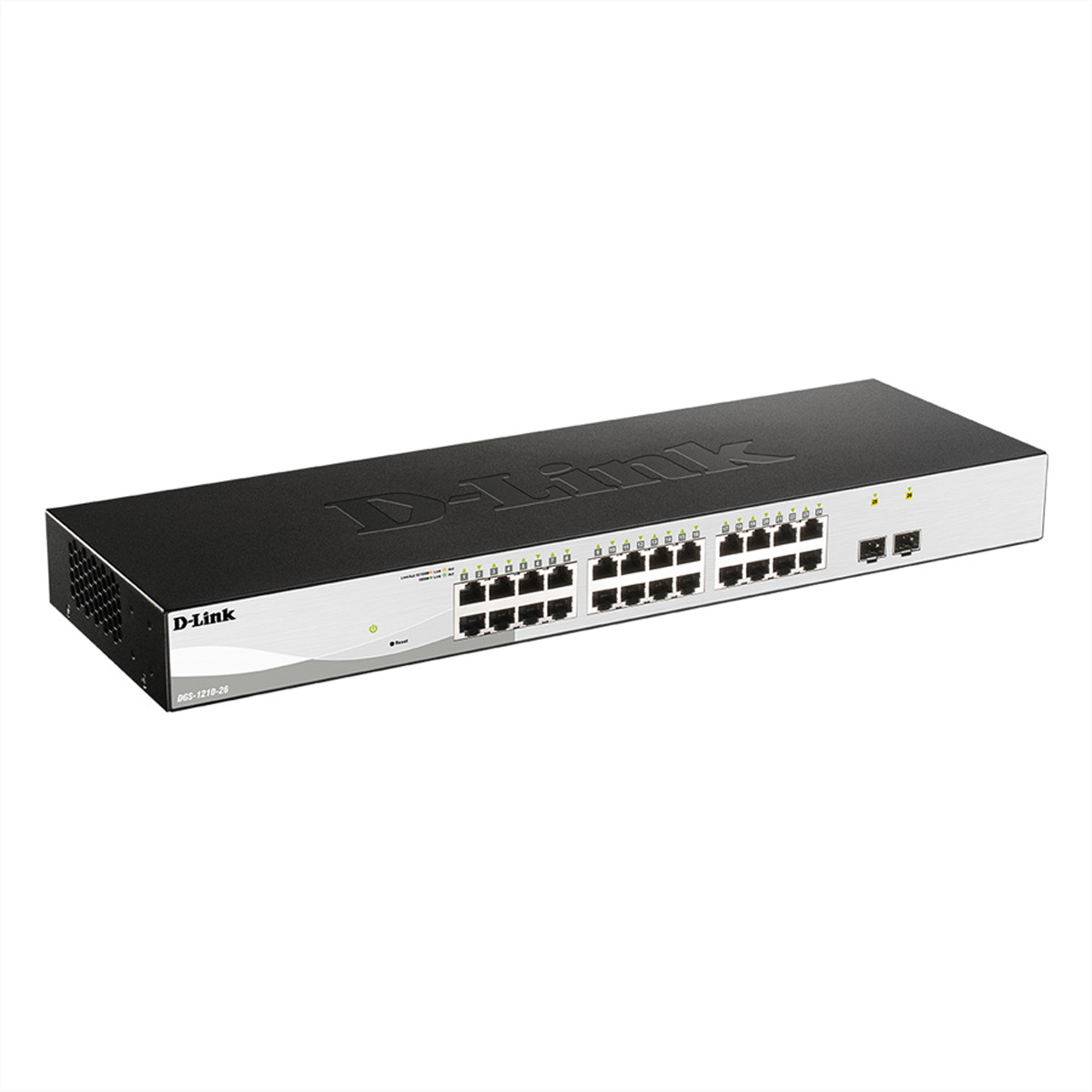 Uno switch di rete D-Link nero e argento su sfondo bianco. Ha molte porte.