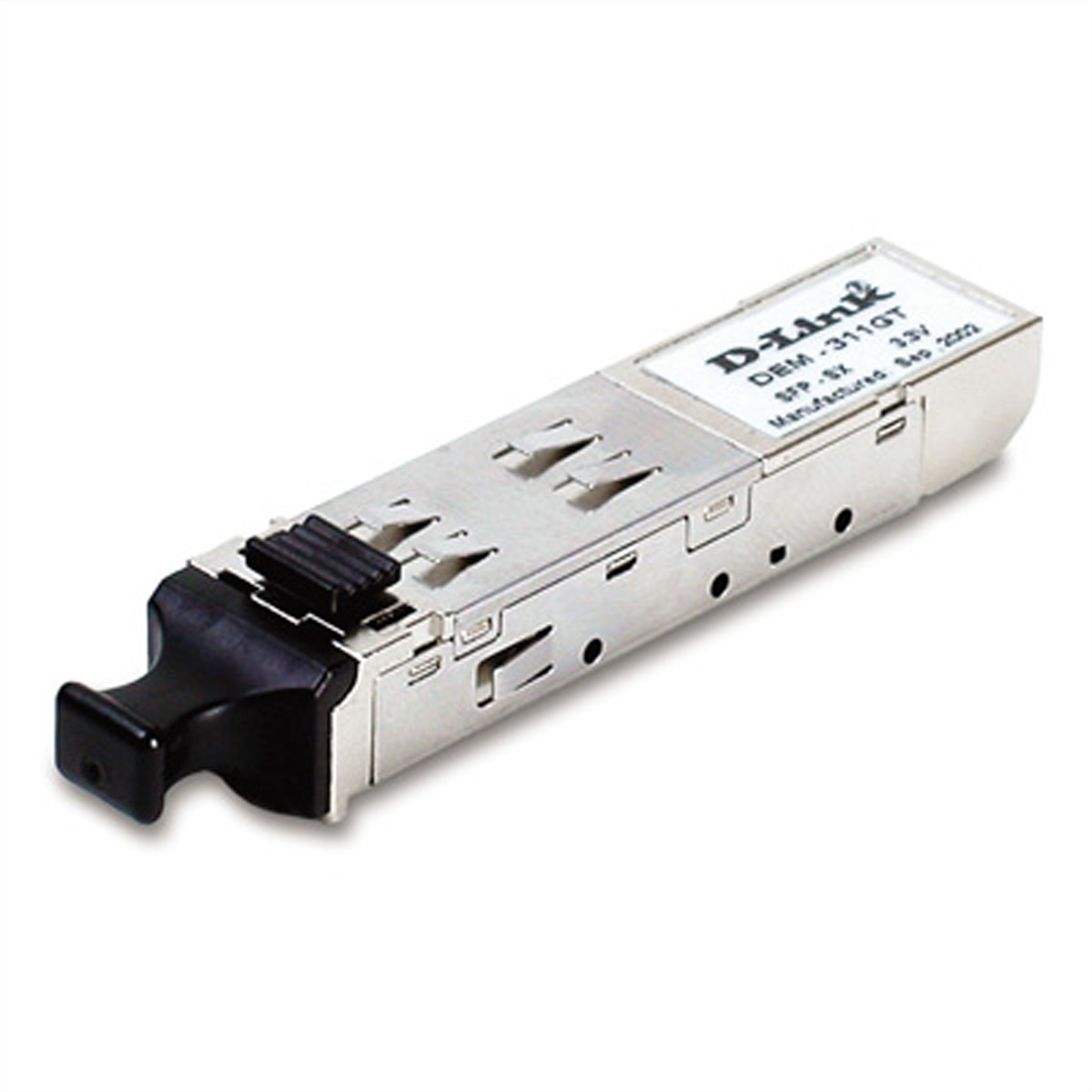 Un pequeño módulo SFP D-Link con carcasa plateada y conector negro, sobre fondo blanco.