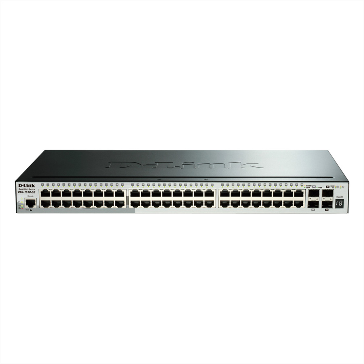Uno switch D-Link nero e argento con più porte, visto dall'alto su sfondo bianco.