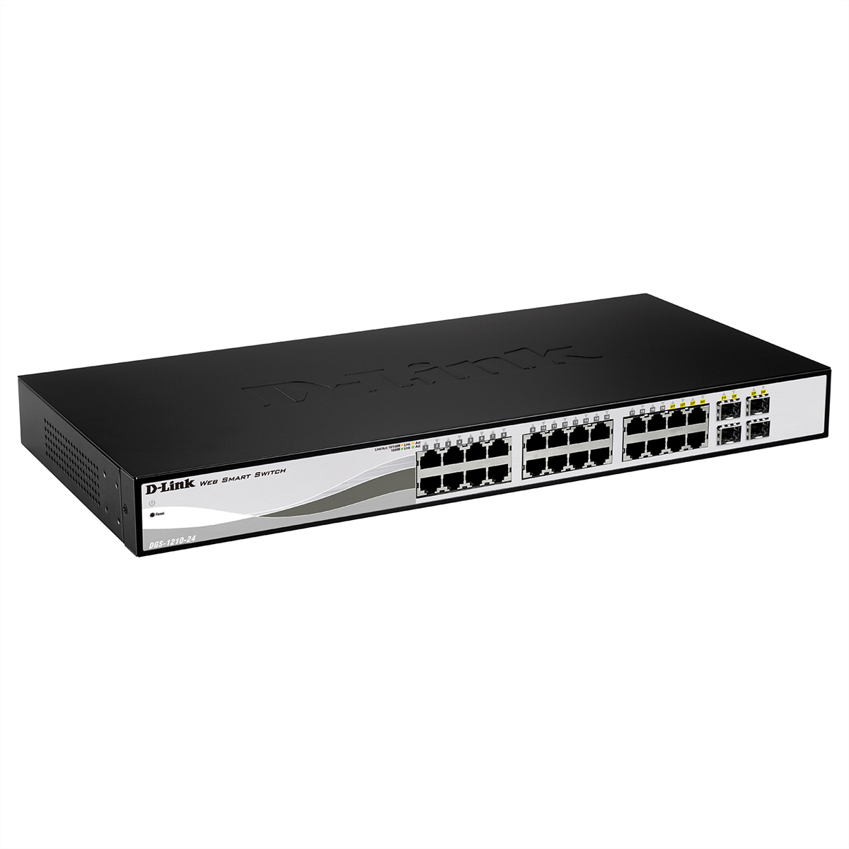 Switch intelligente Web D-Link nero con porte e luci. Sfondo bianco.