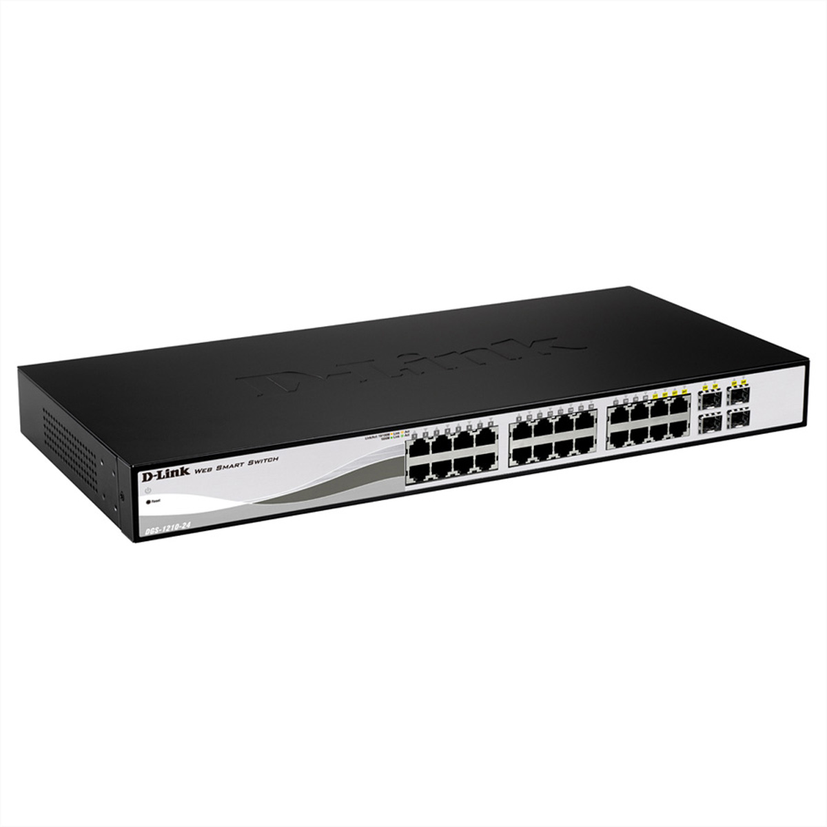 Switch smart web D-Link nero con più porte e spie.