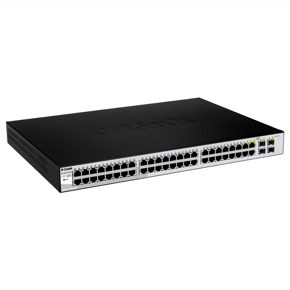 Switch di rete D-Link nero. Le caratteristiche includono numerose porte e un logo D-Link nella parte superiore.