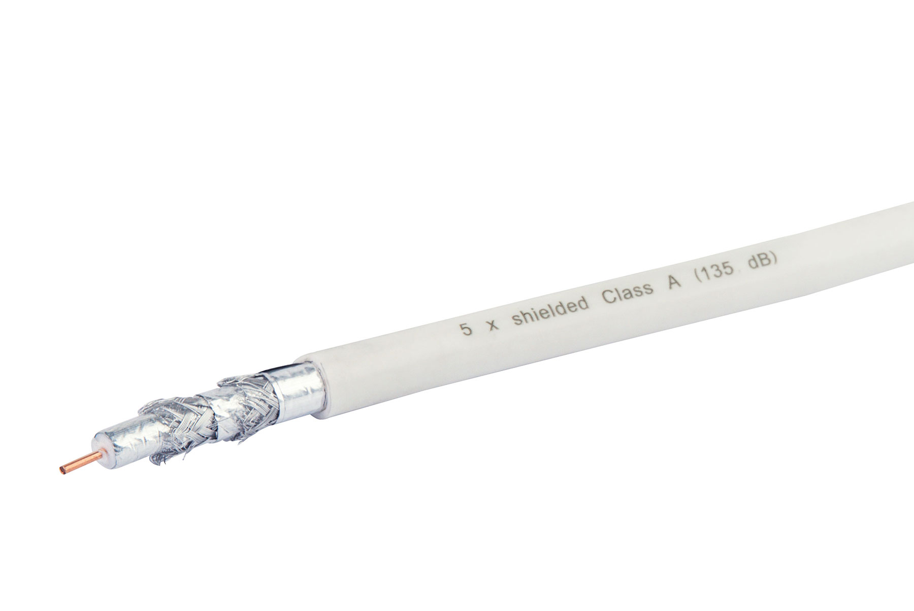 Cavo coassiale bianco con il testo '5 x schermato Classe A (135 dB)'.