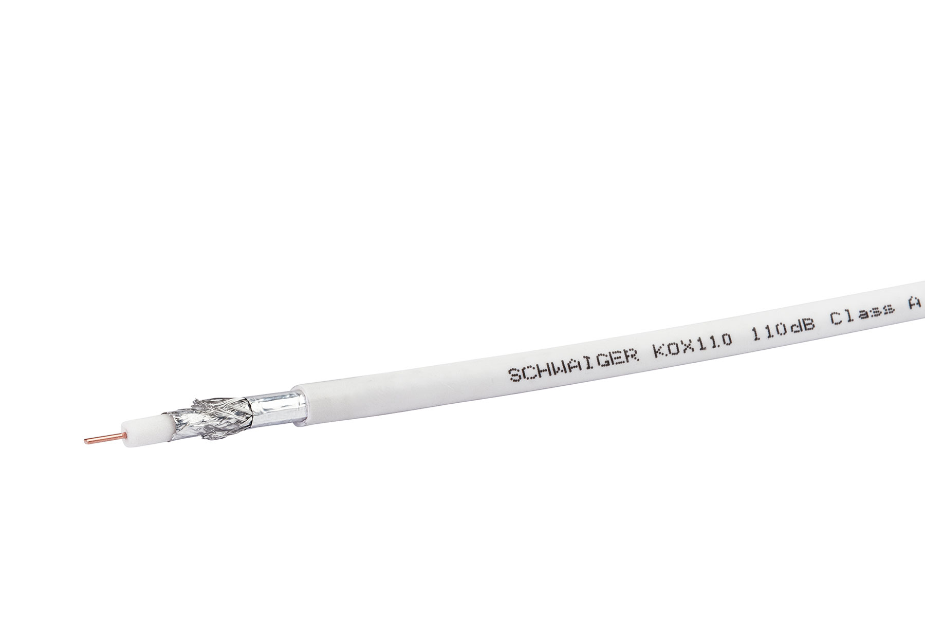 Un cavo coassiale bianco con testo SCHAIGER KDX110, su sfondo bianco.