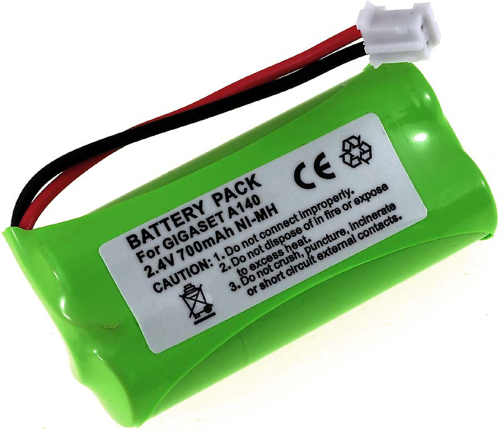 Paquete de batería verde con texto y cables, y un conector blanco. Sobre una superficie blanca.
