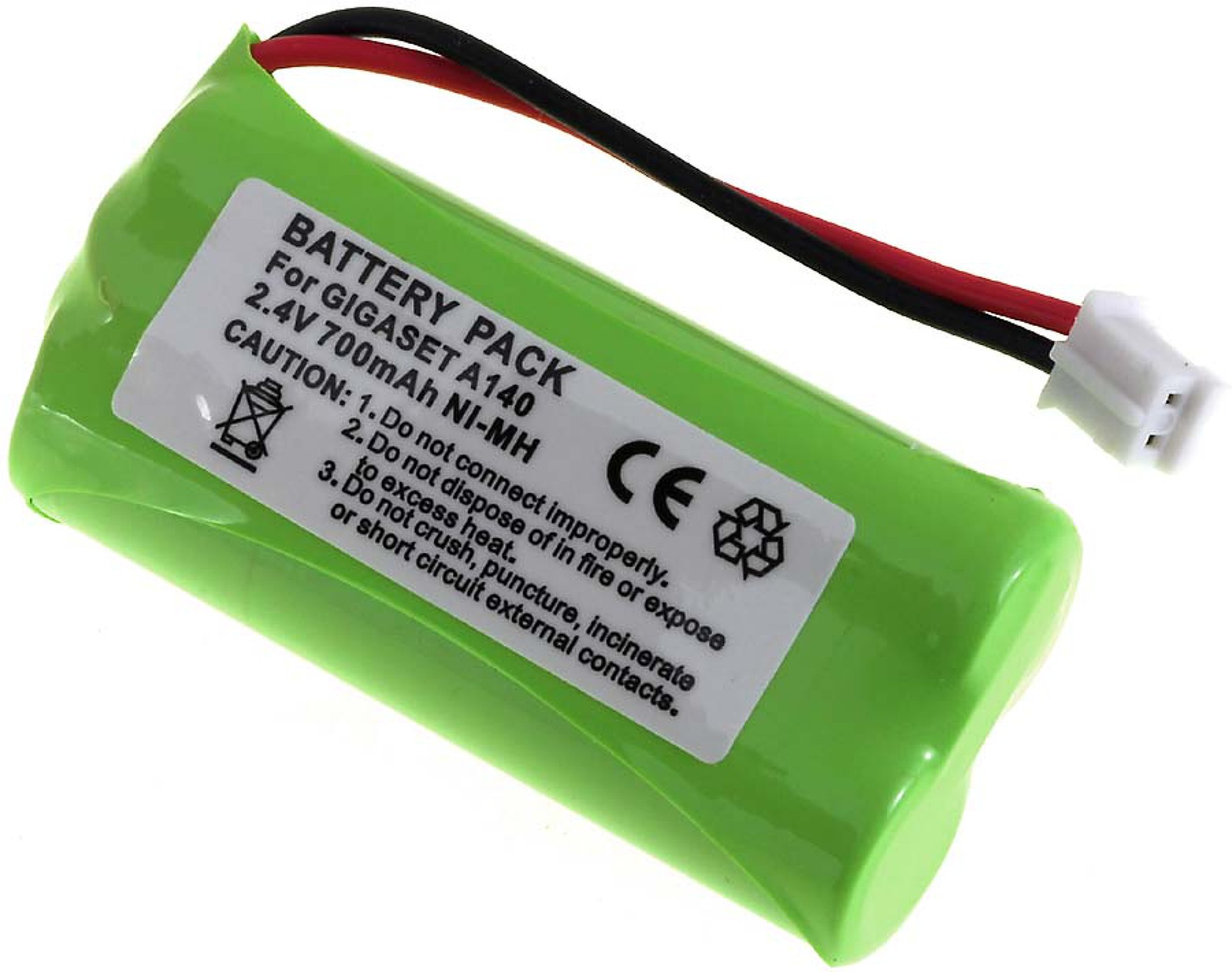 Batería verde con texto, cables negro y rojo, y conector blanco. Es para Gigaset A140.