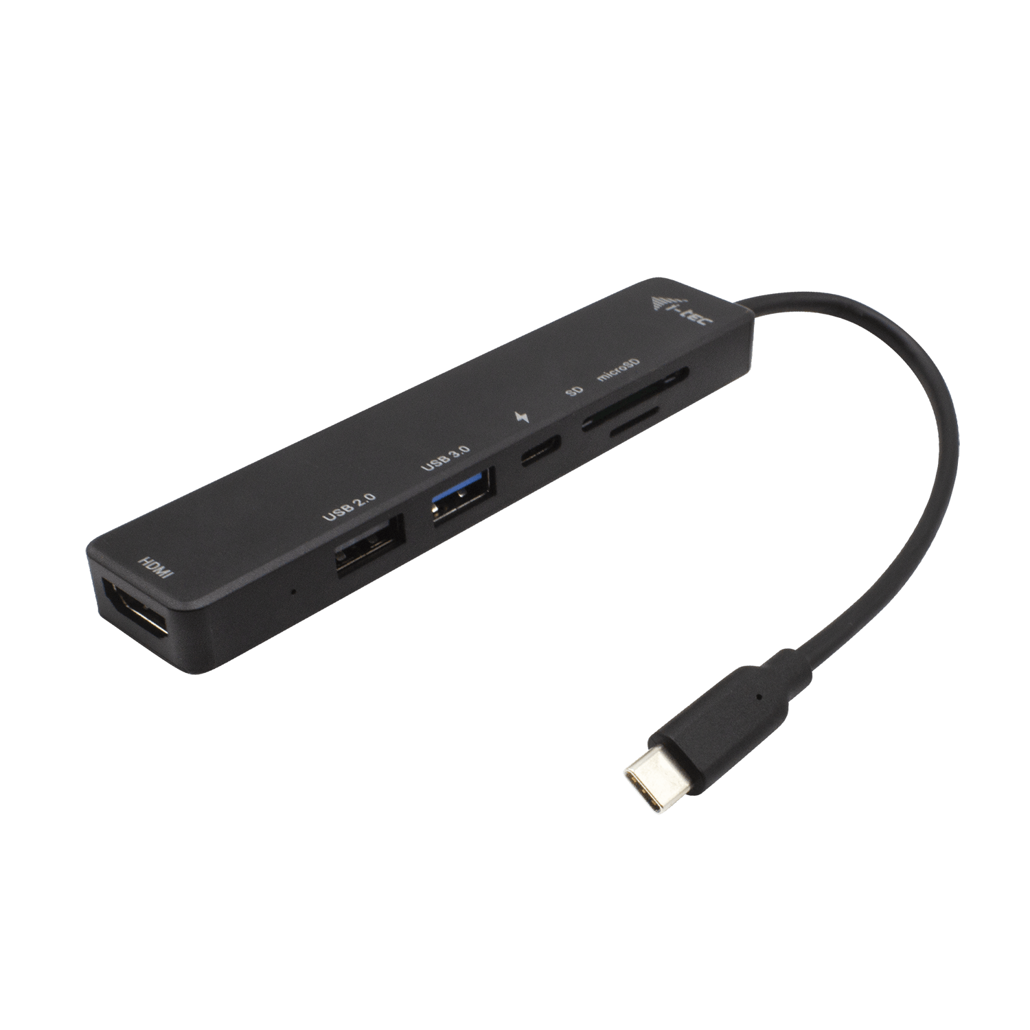 Un hub USB nero con più porte e un cavo nero. Contro uno sfondo scuro.