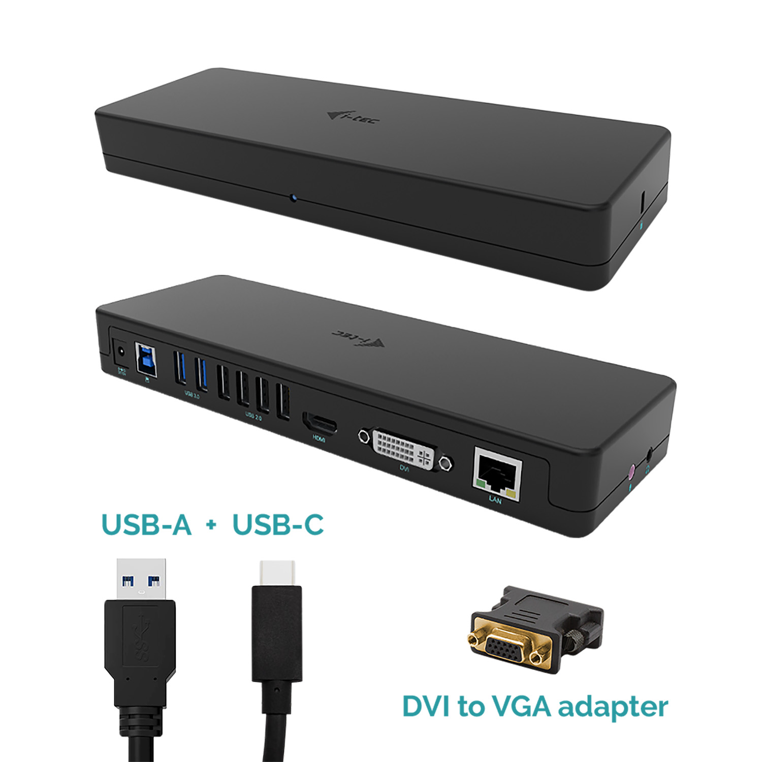 Zwei schwarze Computer-Hubs mit mehreren Anschlüssen und einem DVI-zu-VGA-Adapter.