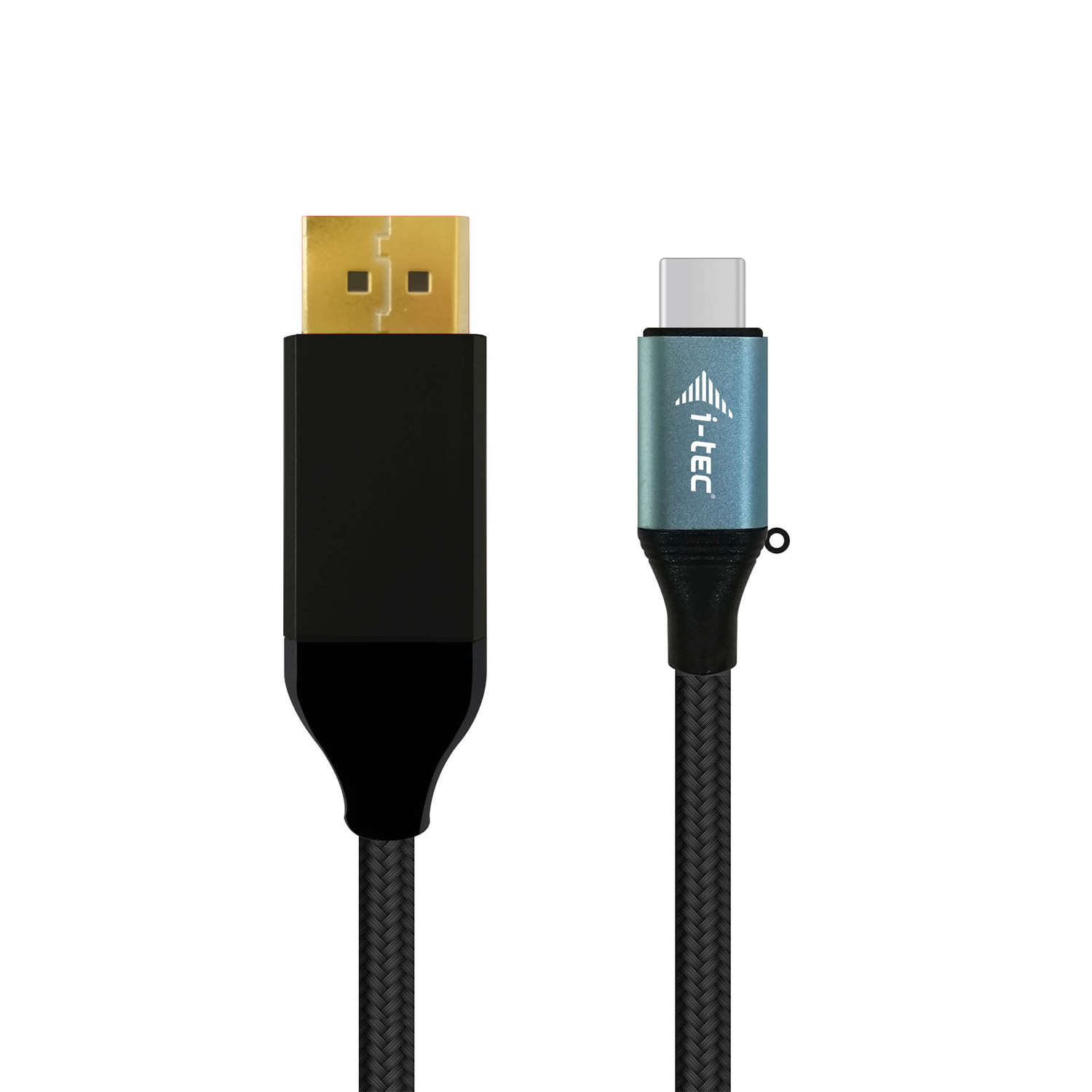 Cavo DisplayPort a USB-C nero e oro, con logo i-tec, sfondo bianco.
