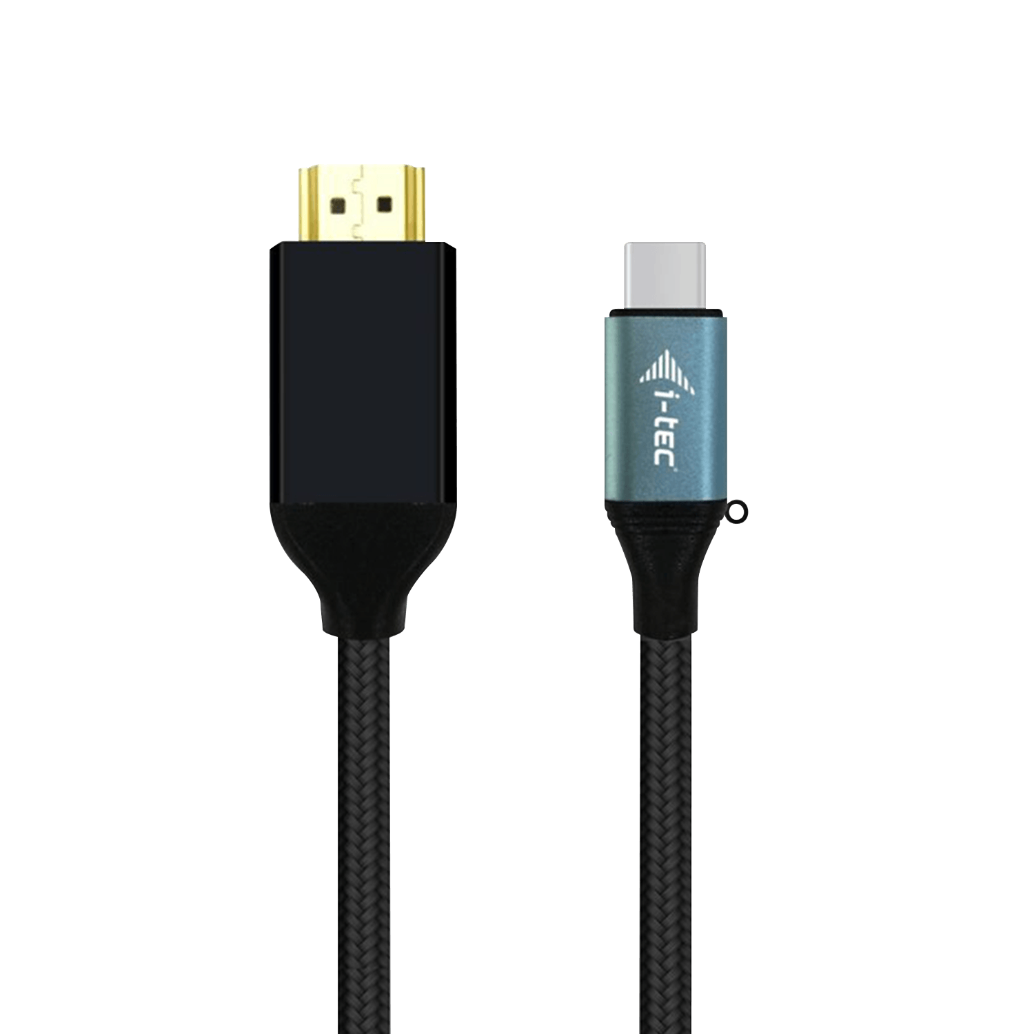 Cavo da HDMI a USB-C nero. Un'estremità è nera e dorata, l'altra è blu con il logo i-tec.