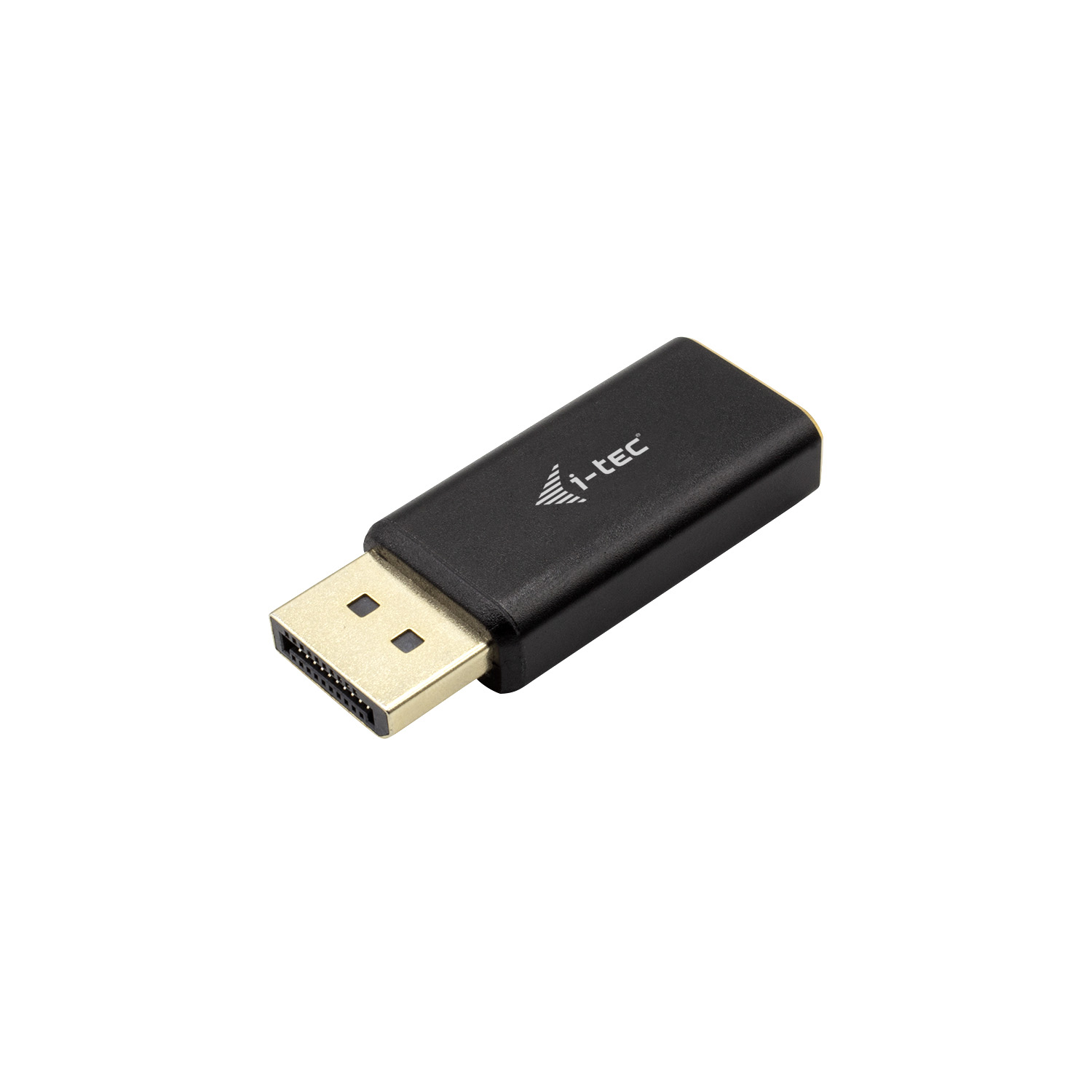 Adattatore DisplayPort i-tec nero. Ha un connettore color oro e il logo i-tec.