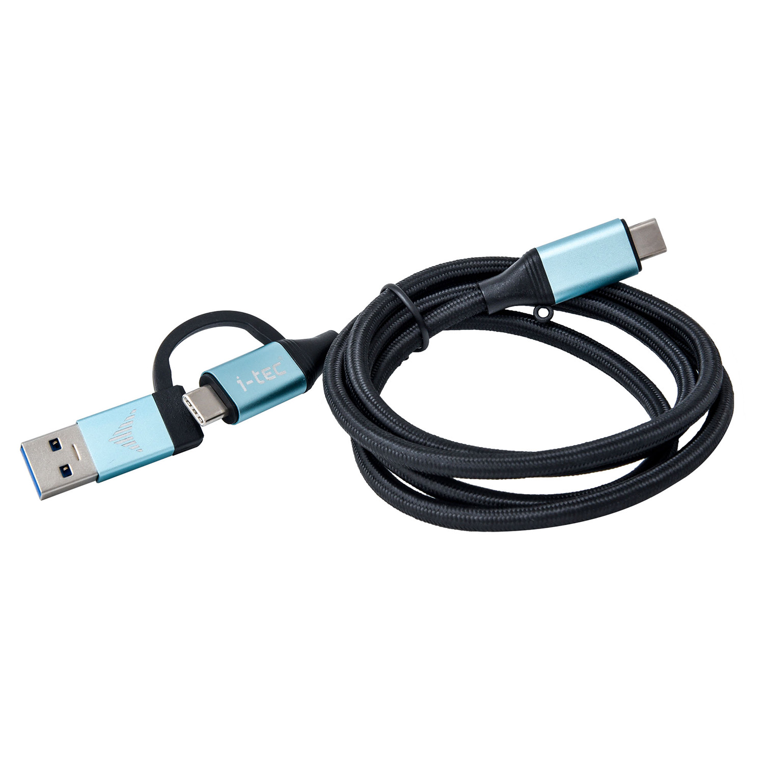 Un cavo USB-C con connettore USB-A e USB-C, cavo nero e connettori azzurri.