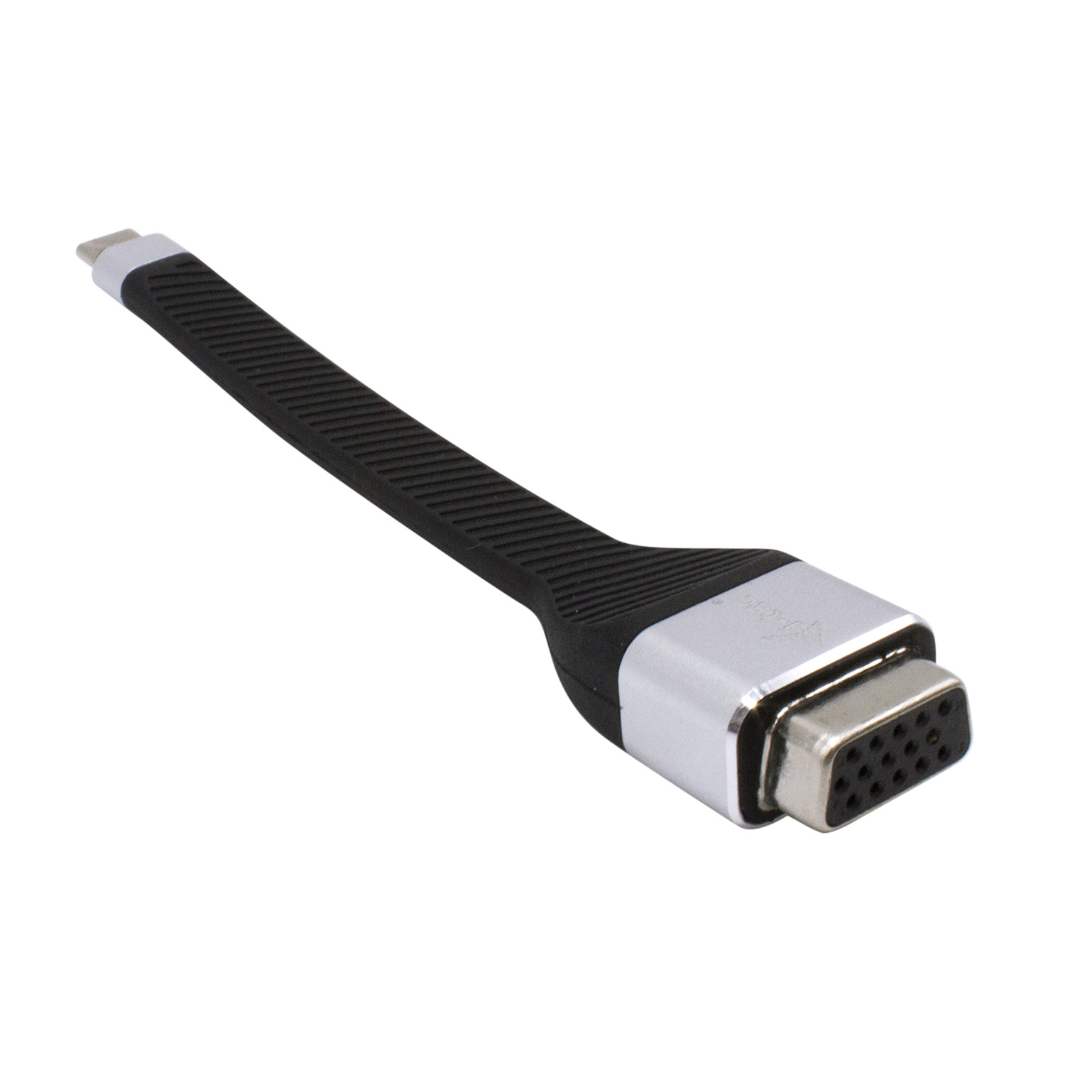 Adattatore nero e argento. Ha un connettore VGA alla fine.