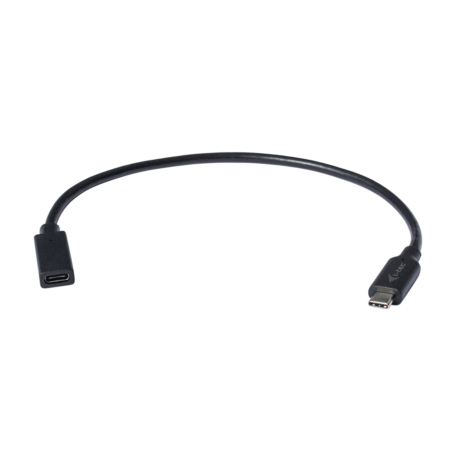 Un cavo USB-C nero. Ha un connettore su ciascuna estremità. Lo sfondo è bianco.