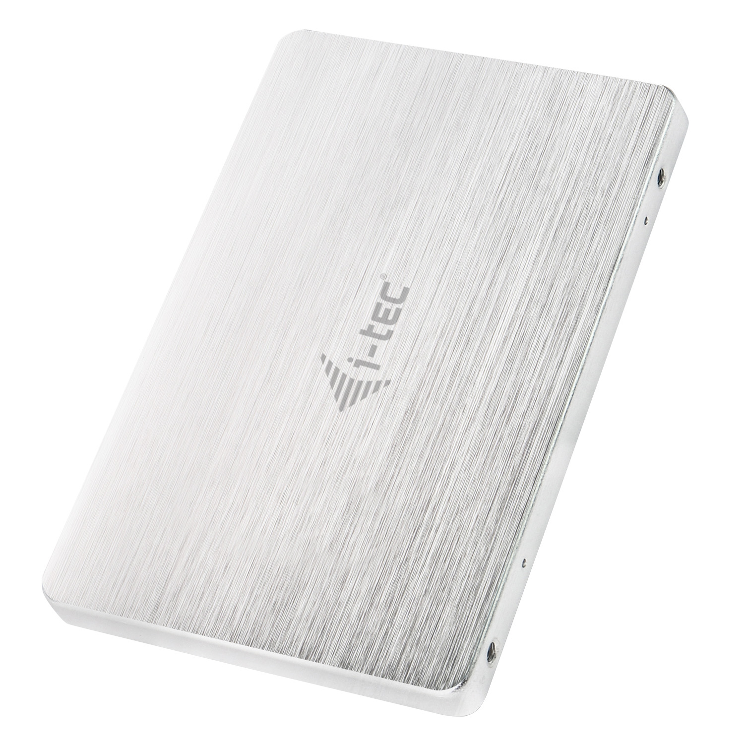 Silberne externe Festplatte mit I-TEC-Logo. Weißer Hintergrund.