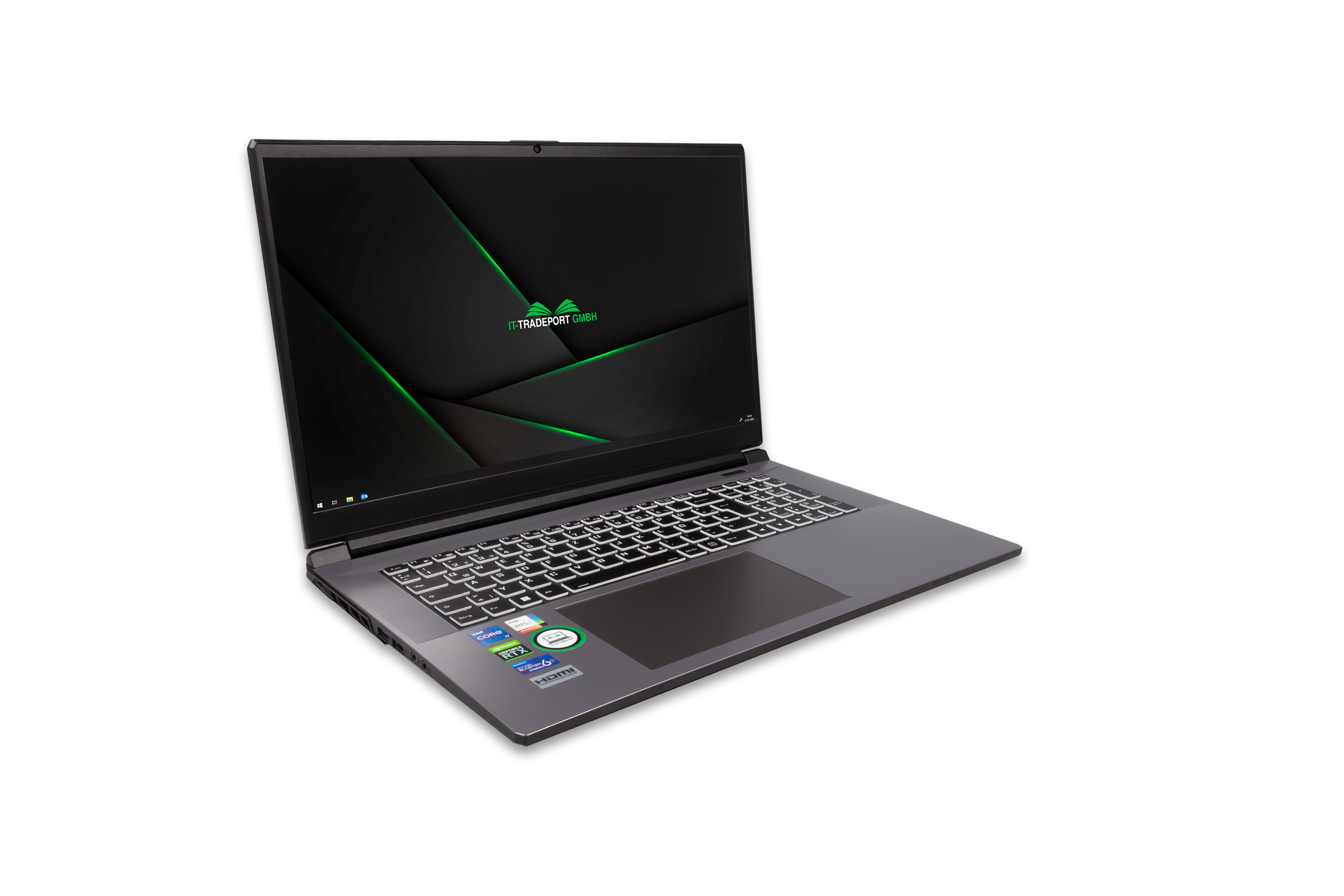 Laptop auf weißem Hintergrund. Schwarzer Rahmen, Tastatur, Bildschirm zeigt Logo.