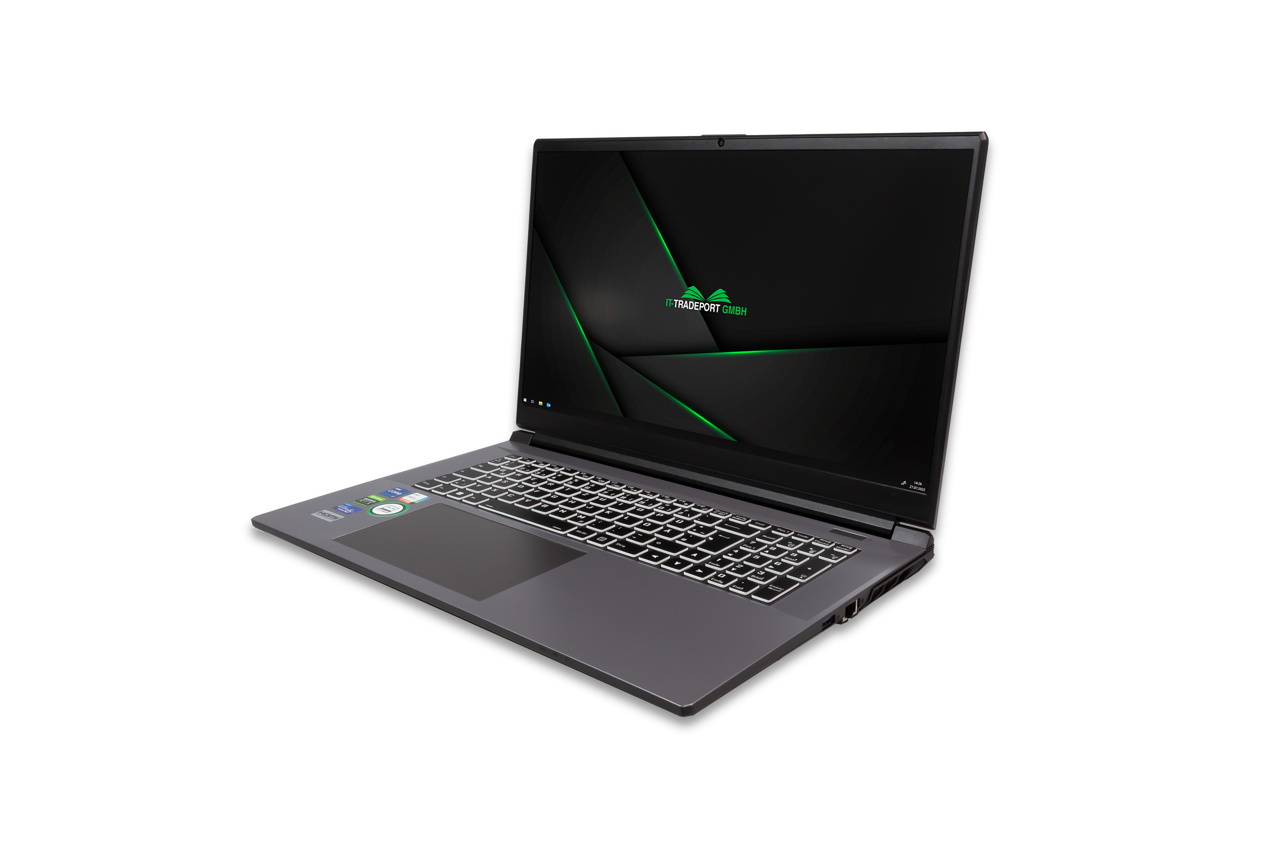 Grauer Laptop auf Weiß. Schwarzer Bildschirm zeigt grünes Logo. Der Laptop ist geöffnet.