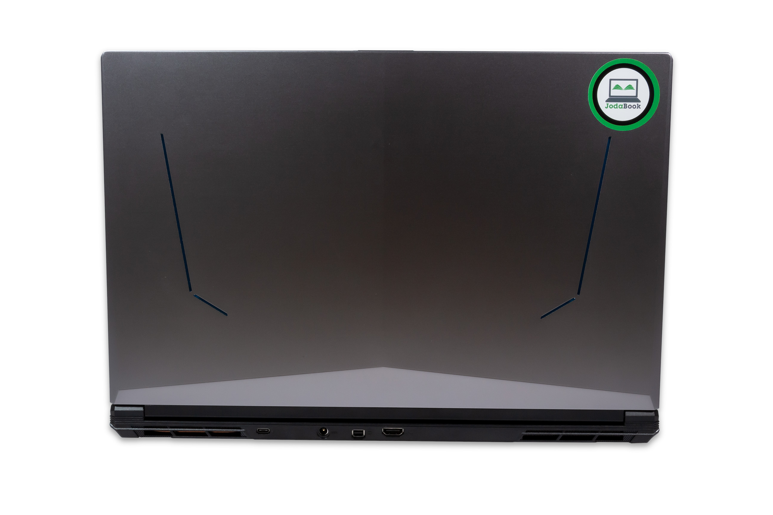Ein grauer Laptop mit JedaBook-Logo auf der Rückseite, weißer Hintergrund.