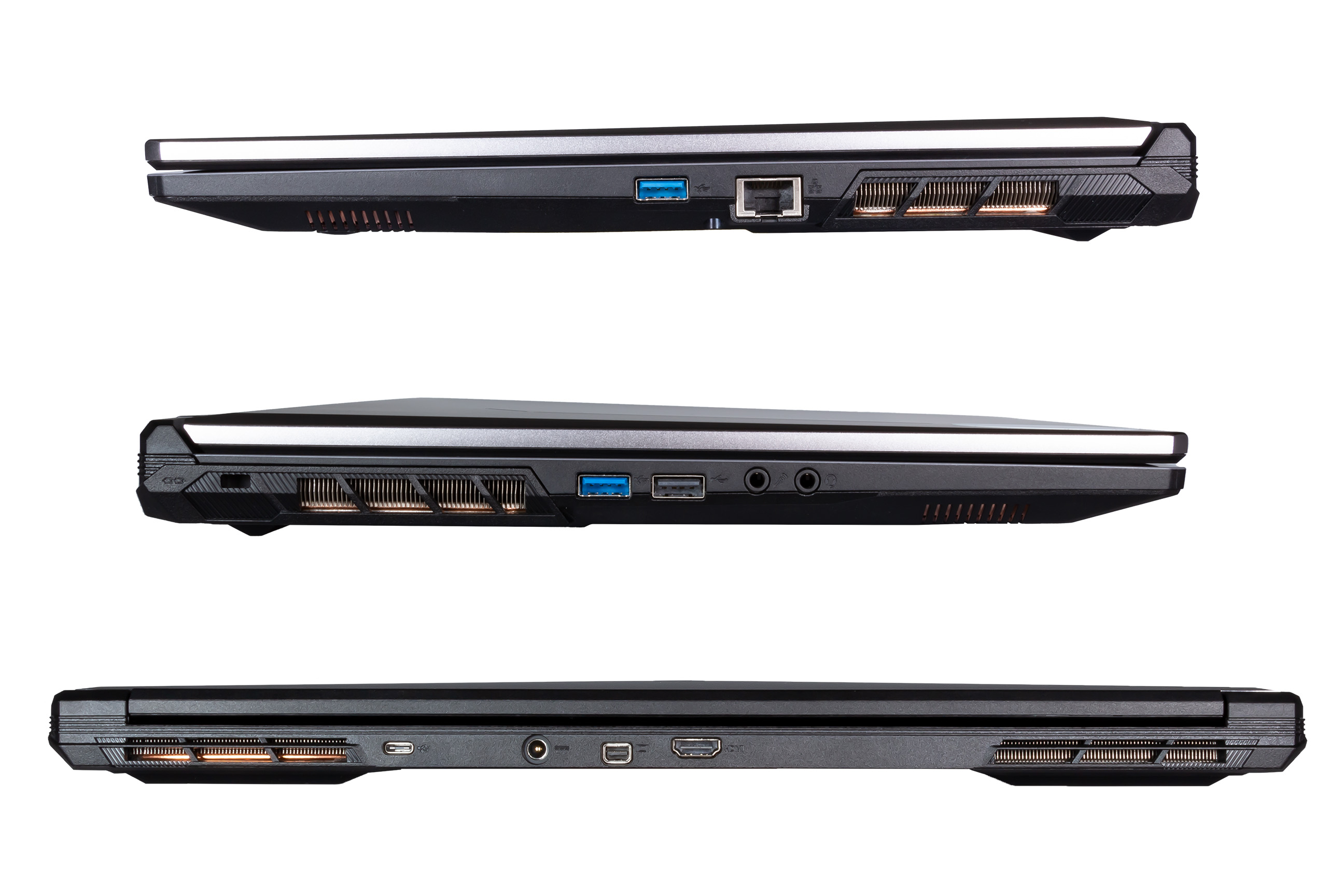 Drei Seitenansichten eines schwarzen und silbernen Laptops mit Anschlüssen und Lüftern auf weißem Grund.