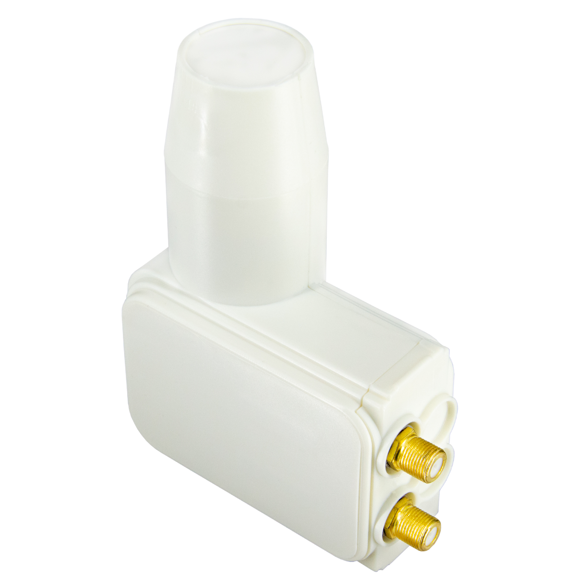 Ein weißer Satelliten-LNB mit zwei goldenen Anschlüssen. Es hat eine konische Oberseite. Weißer Hintergrund.