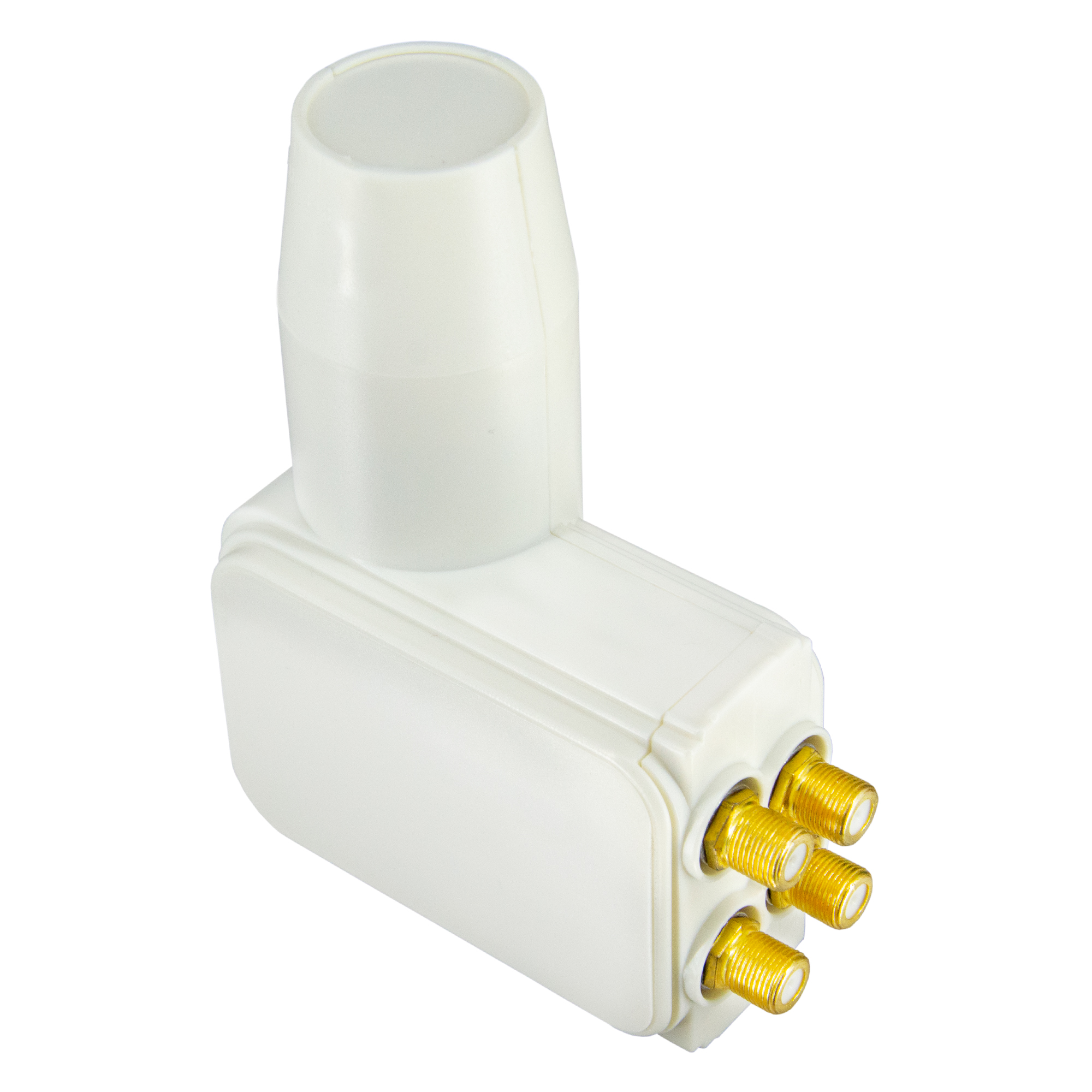 Weißer L-förmiger Adapter mit drei goldenen Steckern.
