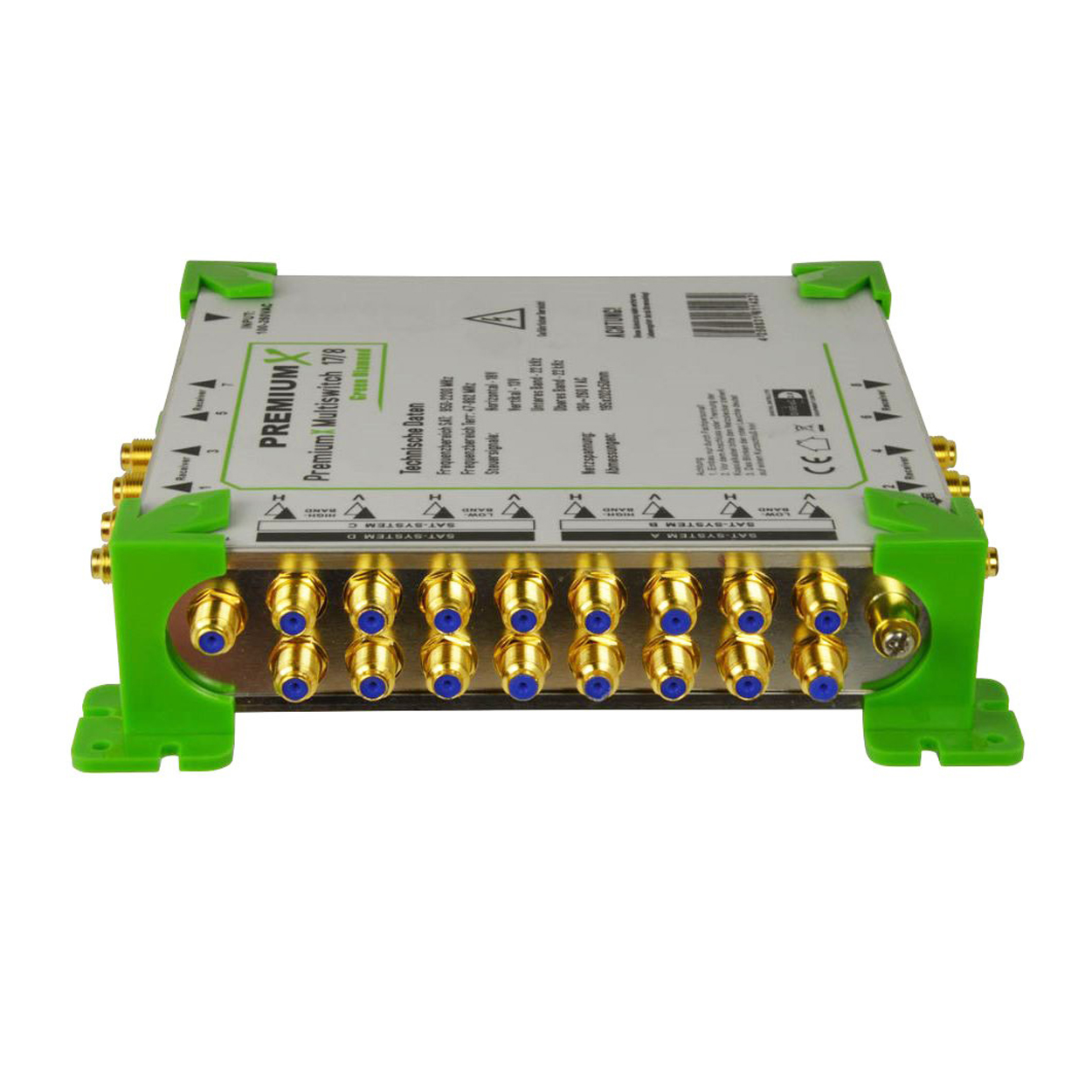 Multiswitch-Gerät mit grünem Rahmen, mehreren goldenen Anschlüssen und einem Etikett mit Text.