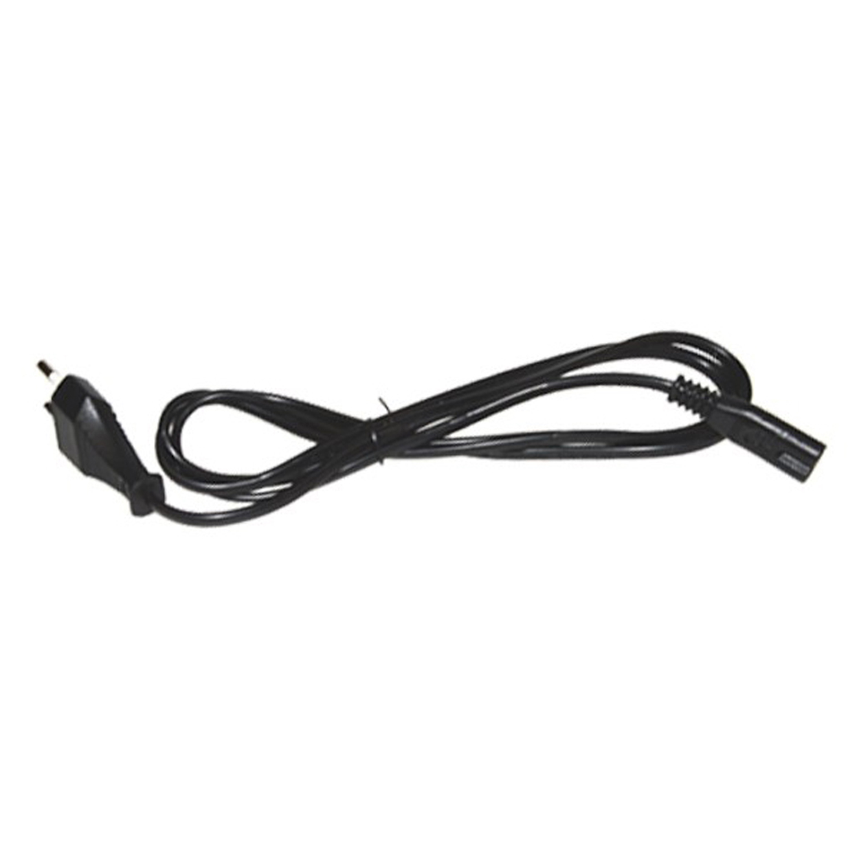 Schwarzes Netzkabel mit Stecker und Anschluss, auf weißem Hintergrund.