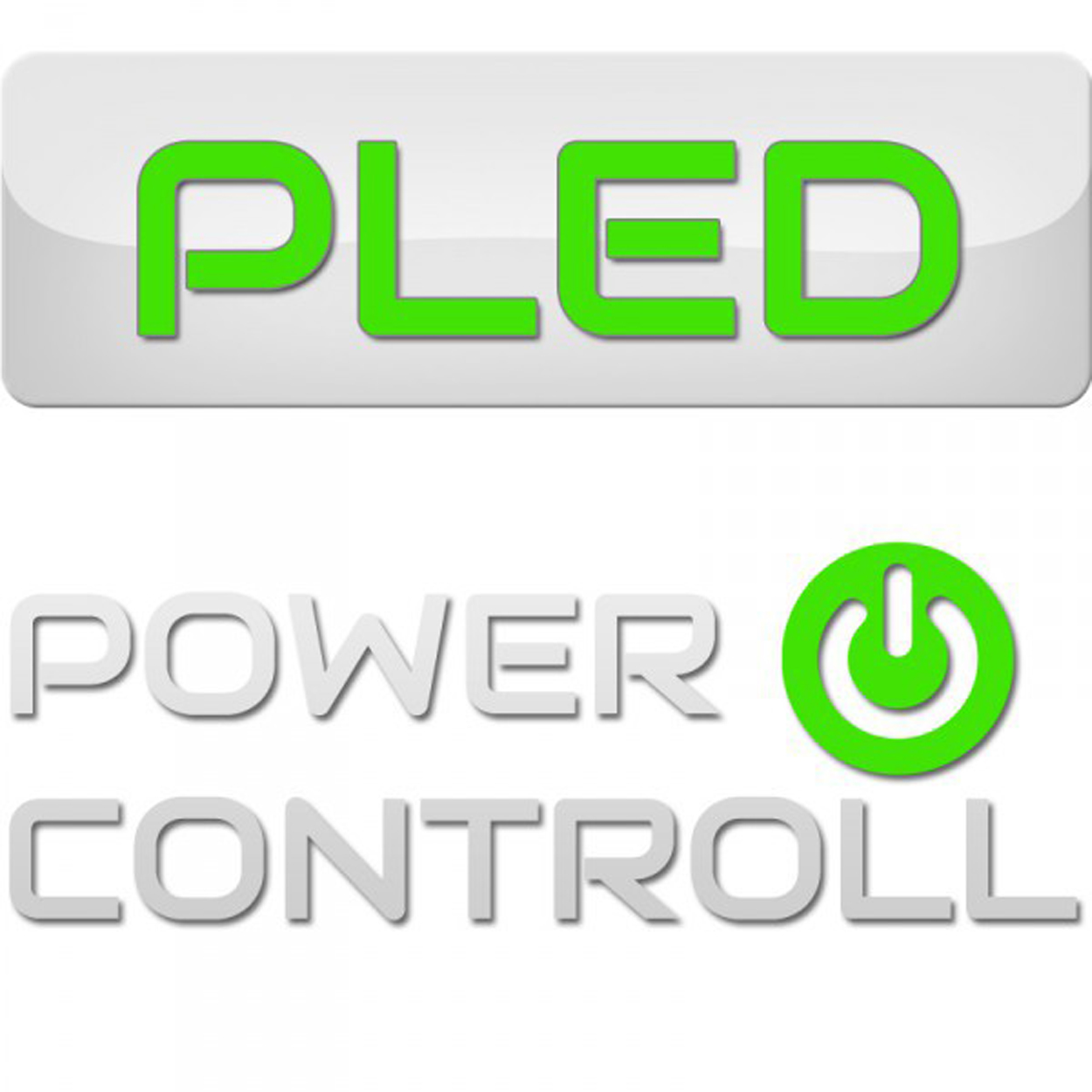 Weiße und graue Grafik der Ein-/Aus-Taste mit dem Text 'PLED POWER CONTROLL' in Grün und Weiß.