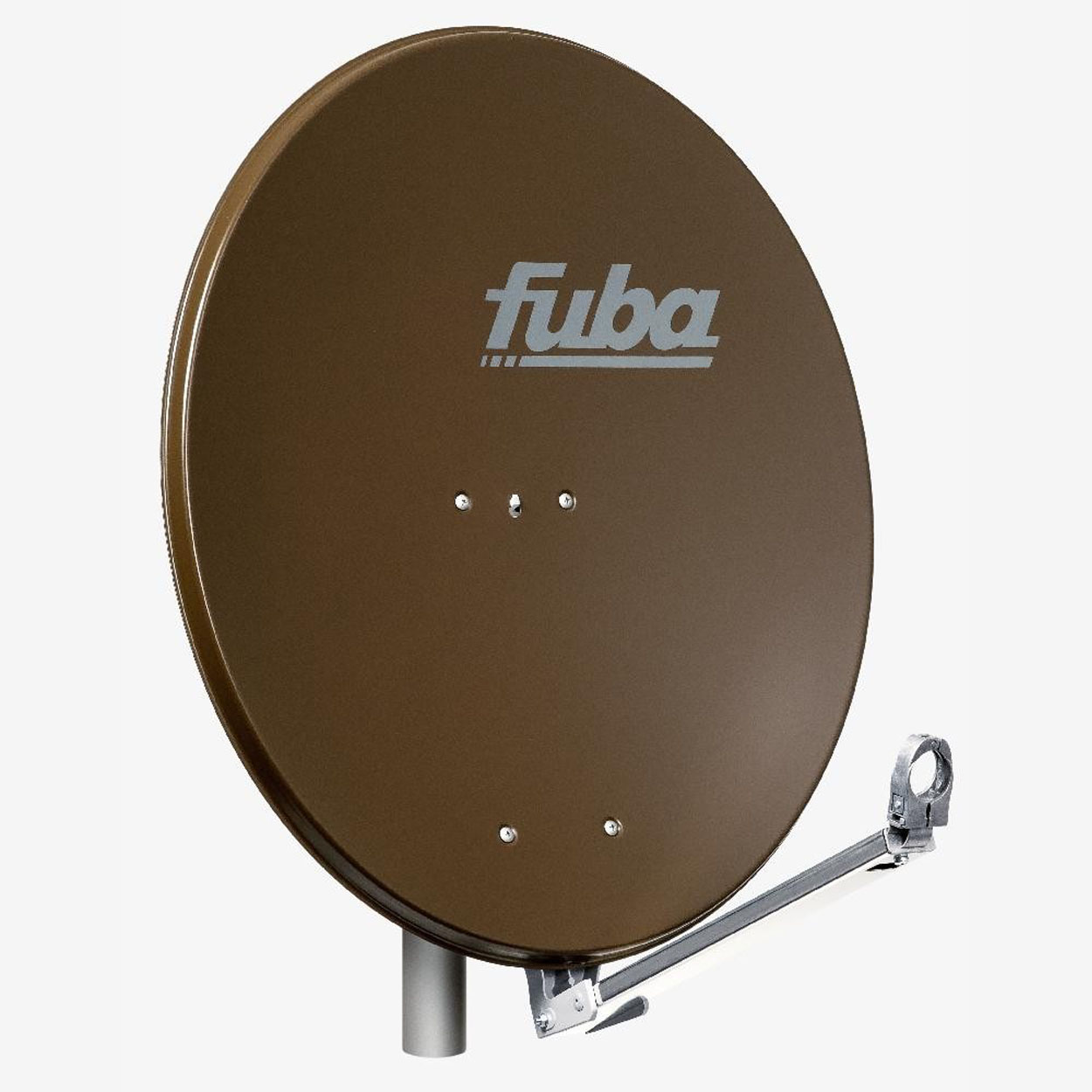 Braune Satellitenschüssel mit dem Markennamen "fuba". Die Schüssel steht auf weißem Hintergrund mit weißem Ständer.