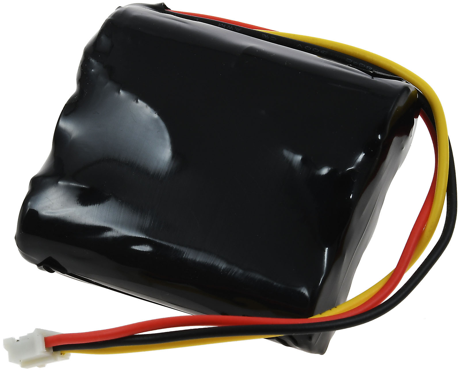 Schwarzes Akkupack mit roten, gelben Drähten und weißem Stecker. Es ist rechteckig.