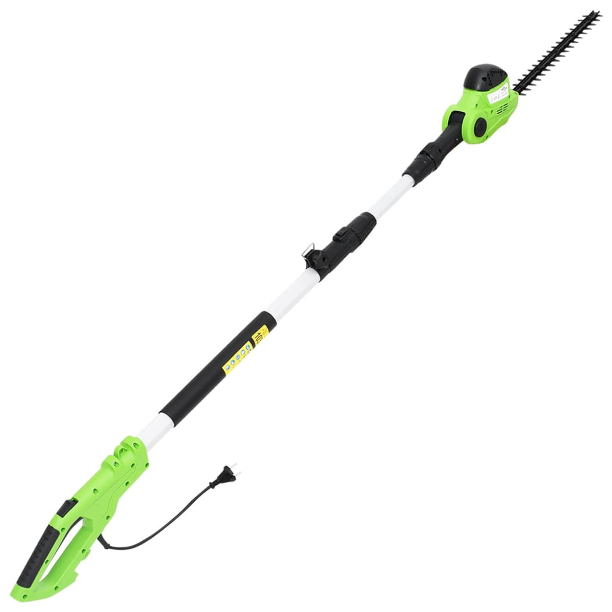 Grüner Heckenschneider, ausgefahren. Schwarz-weiße Stange, grüner Griff.