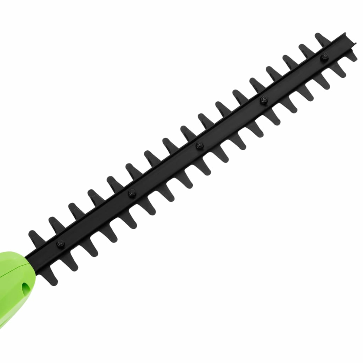Eine schwarze Heckenscheren-Klinge mit vielen Zähnen und einem grünen Griff am Ende.