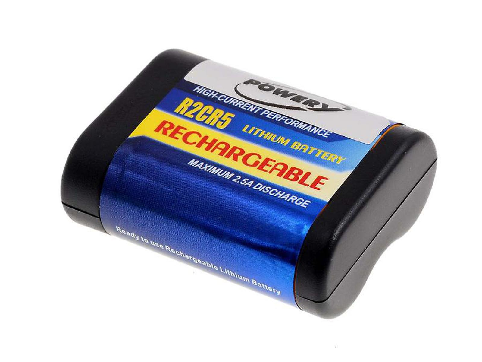 Batería rectangular negra con etiqueta azul y blanca. Etiqueta: 'R2CR5 Lithium Battery'.