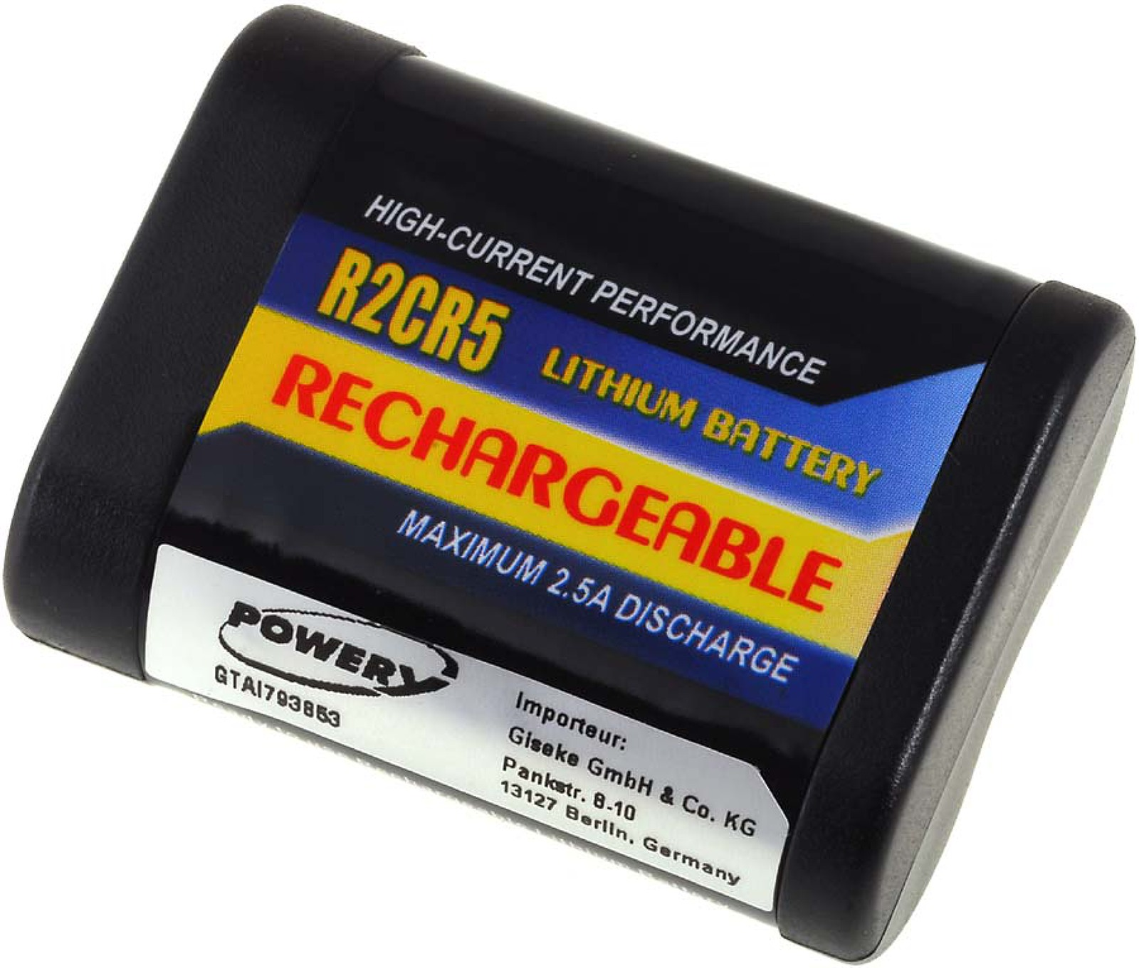 Batería recargable negra con una etiqueta colorida con texto y una etiqueta blanca.