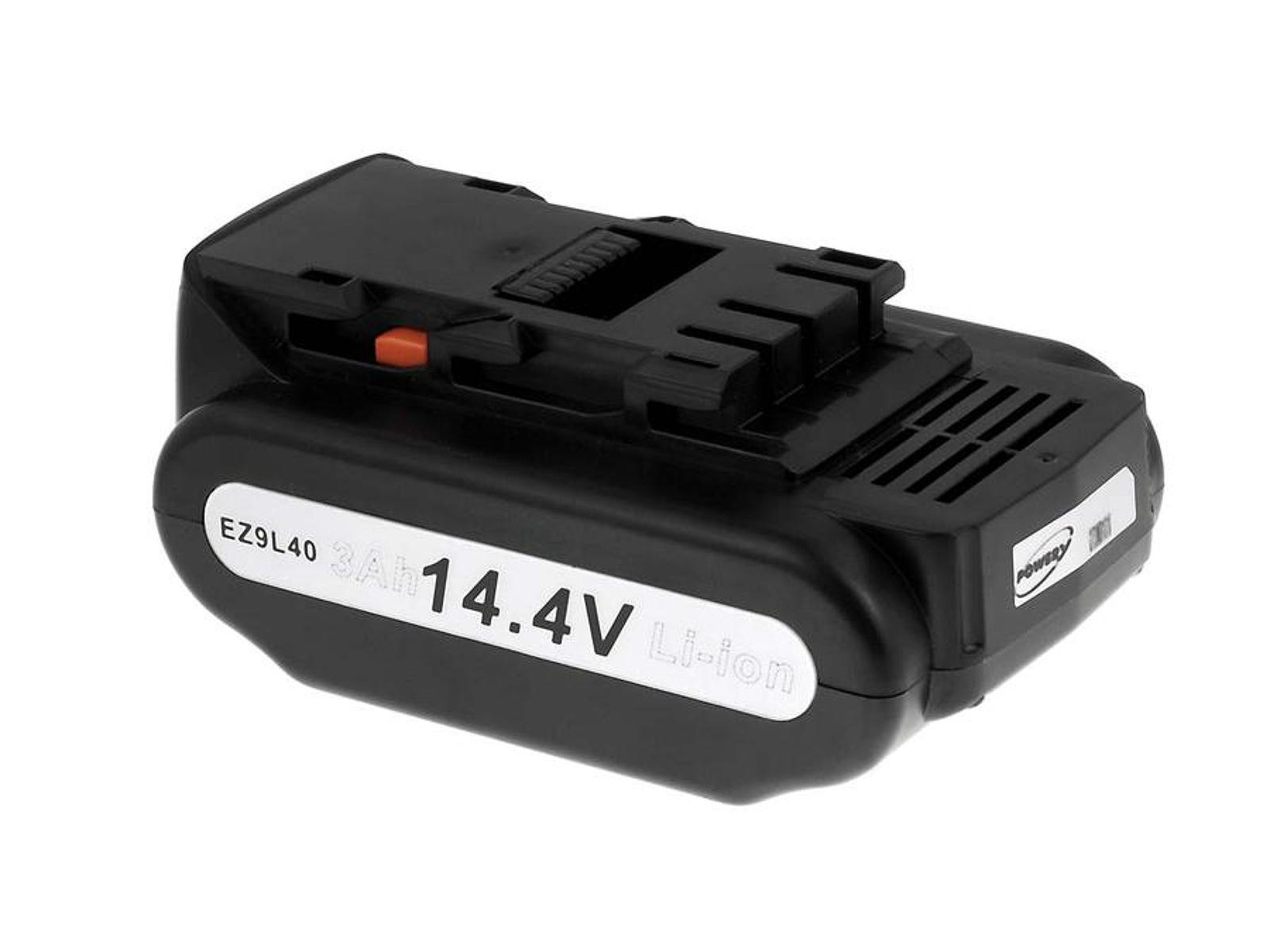 Paquete de baterías negro y rectangular con una etiqueta, marcado como 3Ah 14.4V Li-ion. Tiene una etiqueta de la marca Power.