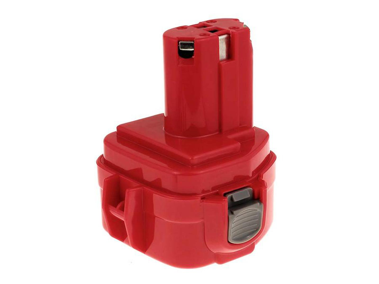 Paquete de baterías rojo con un botón negro. La batería tiene forma rectangular y es roja.