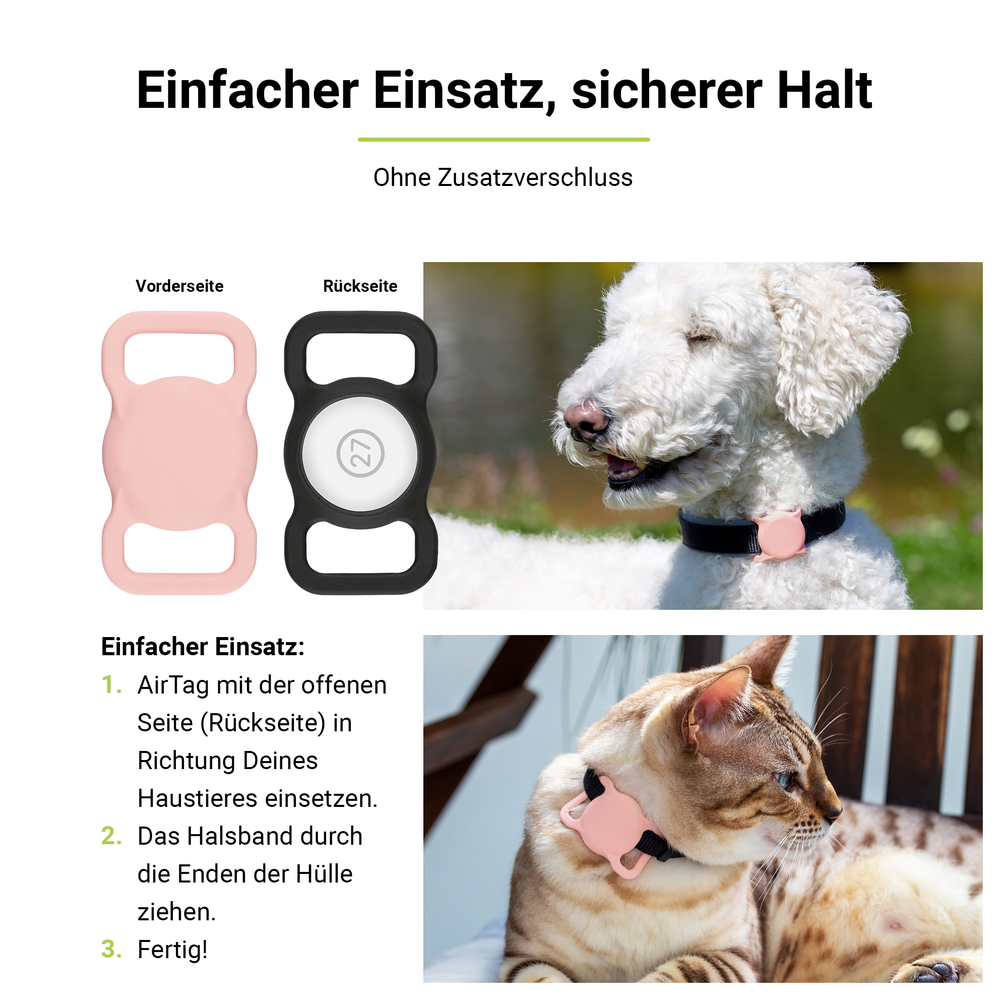 ARTWIZZ PetStrap Befestigung von Apple Schwarz AirTag GPS-Tracker Halsband Pink als Halterung 