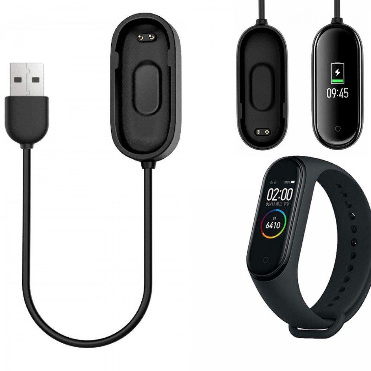Schwarzer Fitnesstracker und Ladezubehör, mit Armband und Ladegerät.