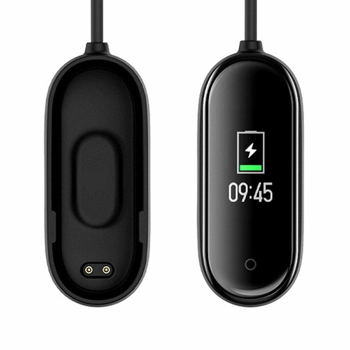 Zwei schwarze Ladegeräte für ein Smartband. Eines zeigt den Ladestatus mit Uhrzeit. Weißer Hintergrund.