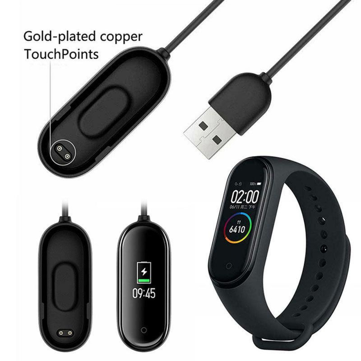 Schwarzer Fitnesstracker mit Ladegerät. Enthält USB-Kabel und Ladestation. Der Tracker zeigt Zeit und Akku.