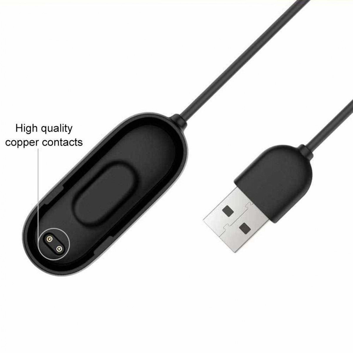 Nahaufnahme eines Mi Band Ladekabels mit Kupferkontakten und einem USB-Anschluss.