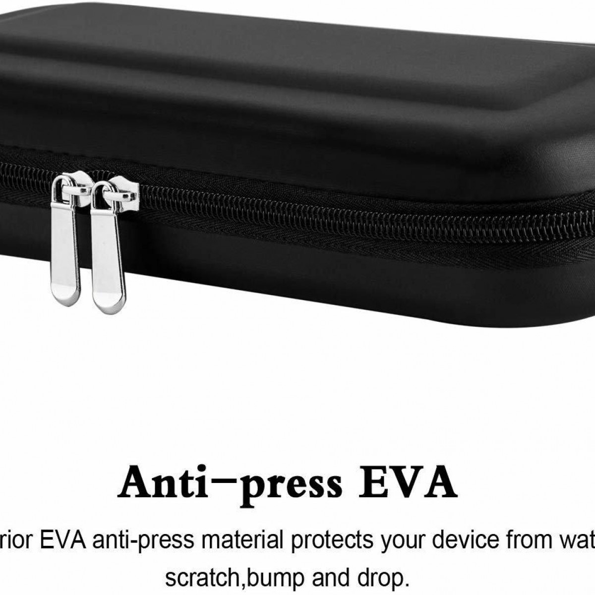 Schwarzes Etui mit Reißverschluss. Text lautet "Anti-press EVA", schützt das Gerät vor Wasser, Kratzern und Stürzen.
