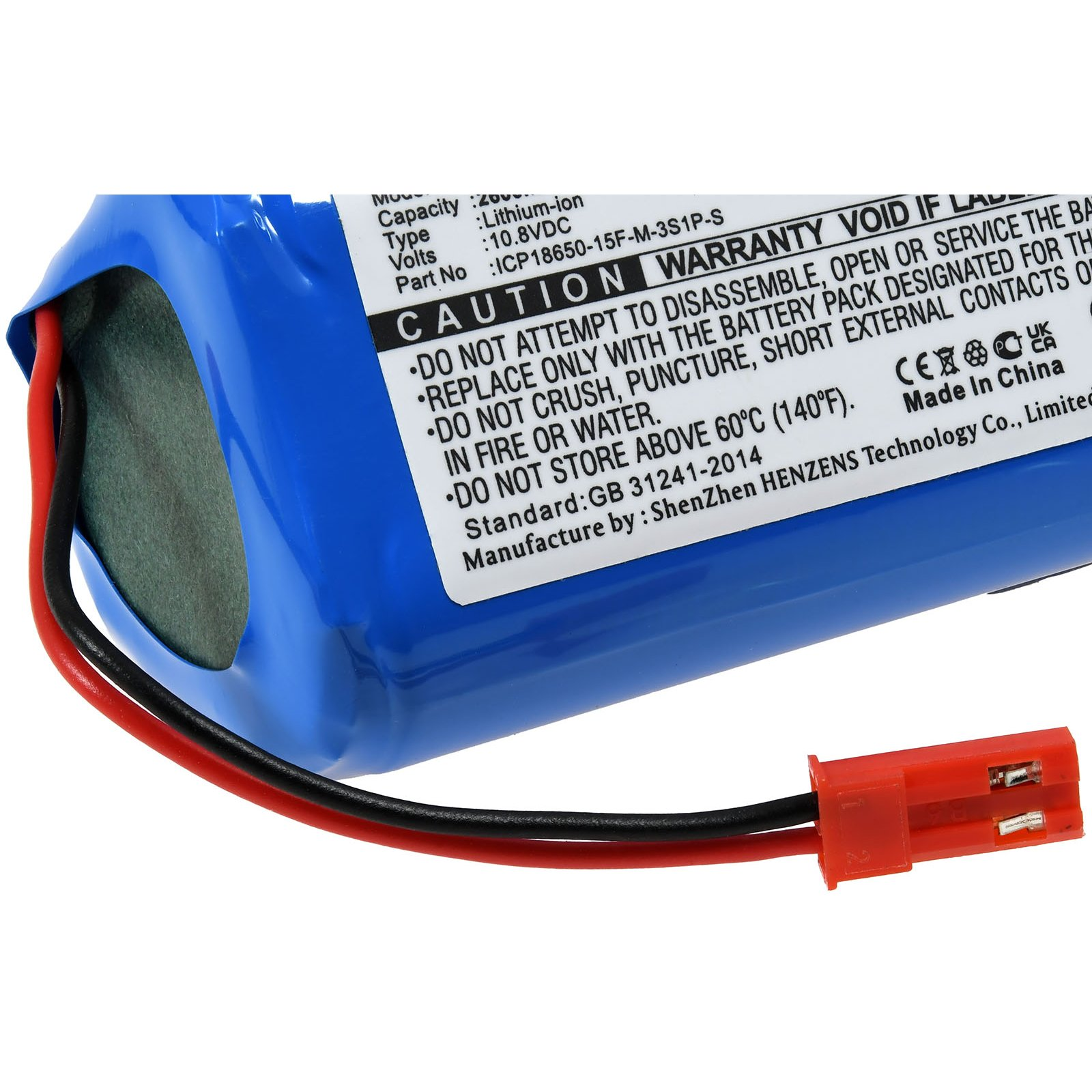 Eine blaue Batterie mit roten und schwarzen Drähten und einem roten Stecker. Sie hat ein Warnschild.