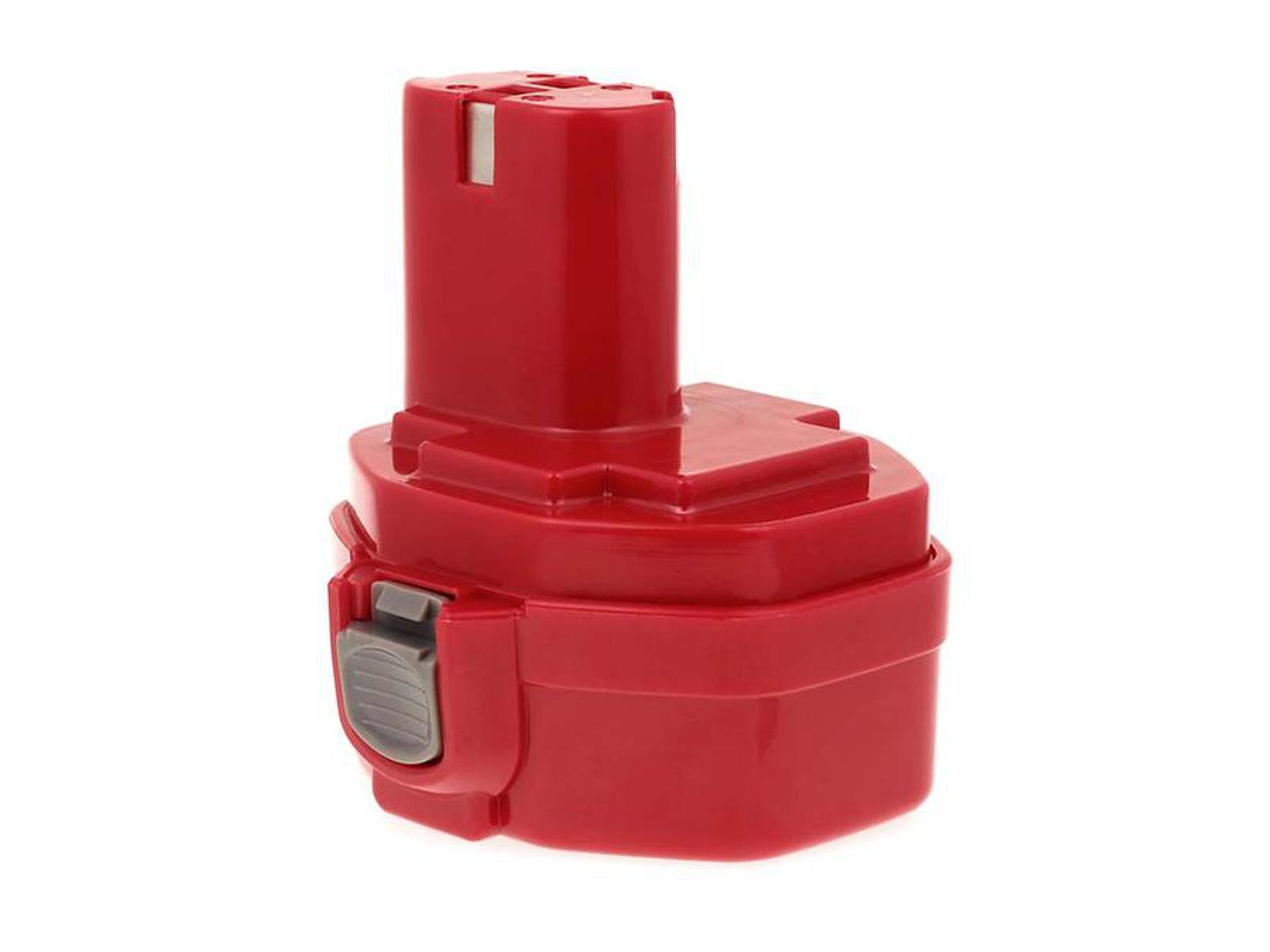 Batería roja de taladro inalámbrico sobre fondo blanco.