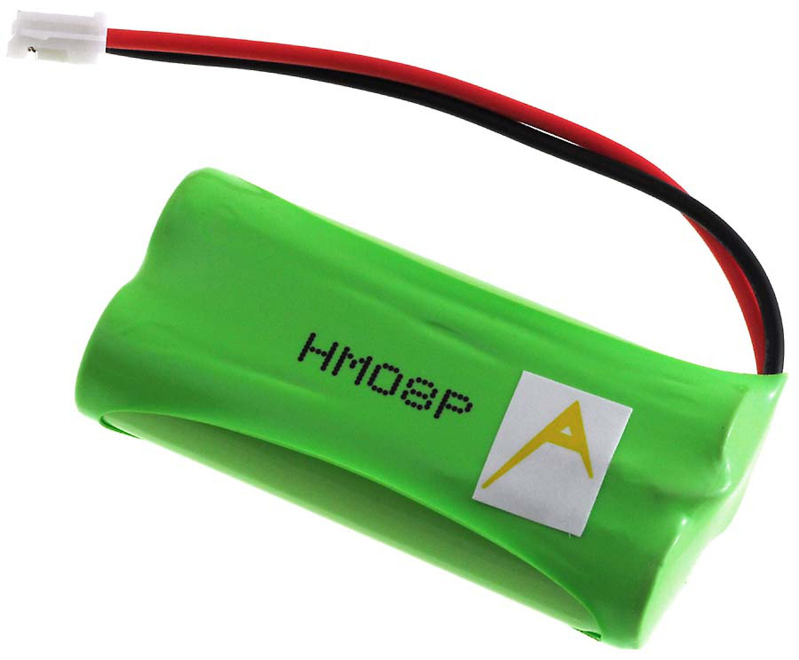 Batería cilíndrica verde con cables, texto 'HM08P' visible. Pegatina blanca con logo amarillo.