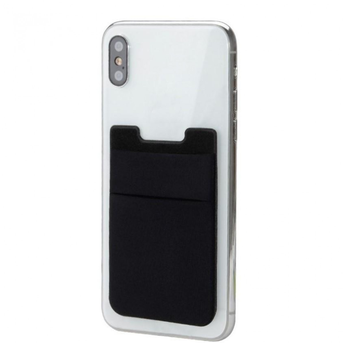 Srebrne etui na telefon z czarną kieszenią na karty.