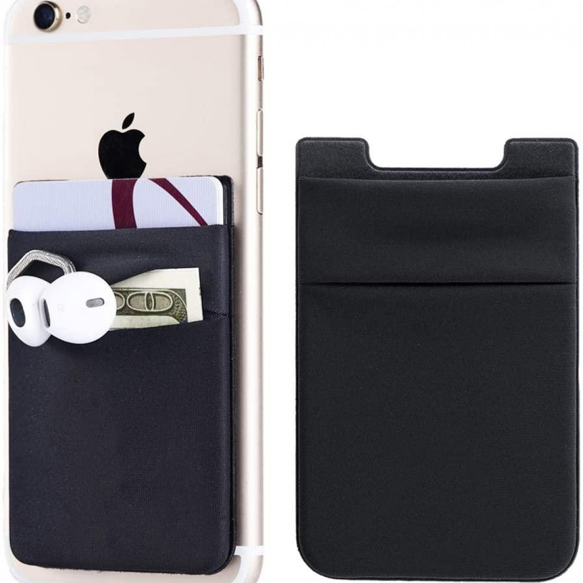 Czarny portfel na telefon z kartami, słuchawkami i gotówką w kieszeni. Dodatkowy portfel z boku.